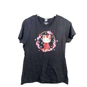 Hello Kitty Graphic Tee Womens TShirt Black Floral Japanese Anime Kidcore Medium